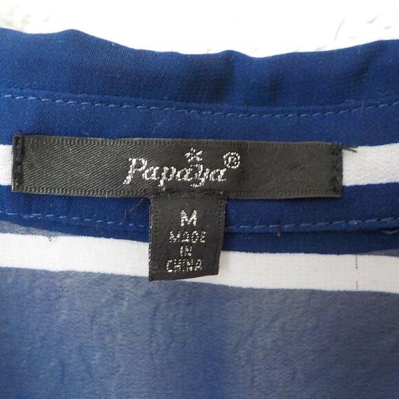 Papaya Blue Stripes Wrap Top Blouse High Low Hem Women size Medium Sheer Coastal - Picture 7 of 10